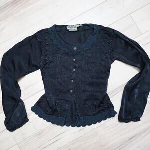 Vintage Black Embroidered Crochet Trim Crop Boho Goth Romantic M